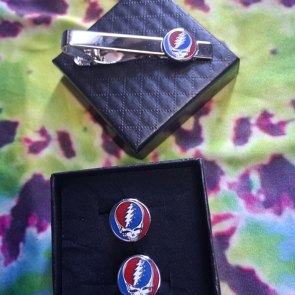 Grateful Dead Silver Cuff Links With Tie Clip Pair